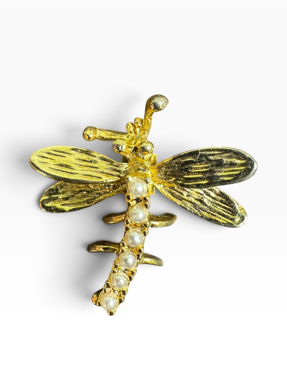 Gold Dragonfly Brooch with Pearl Accents